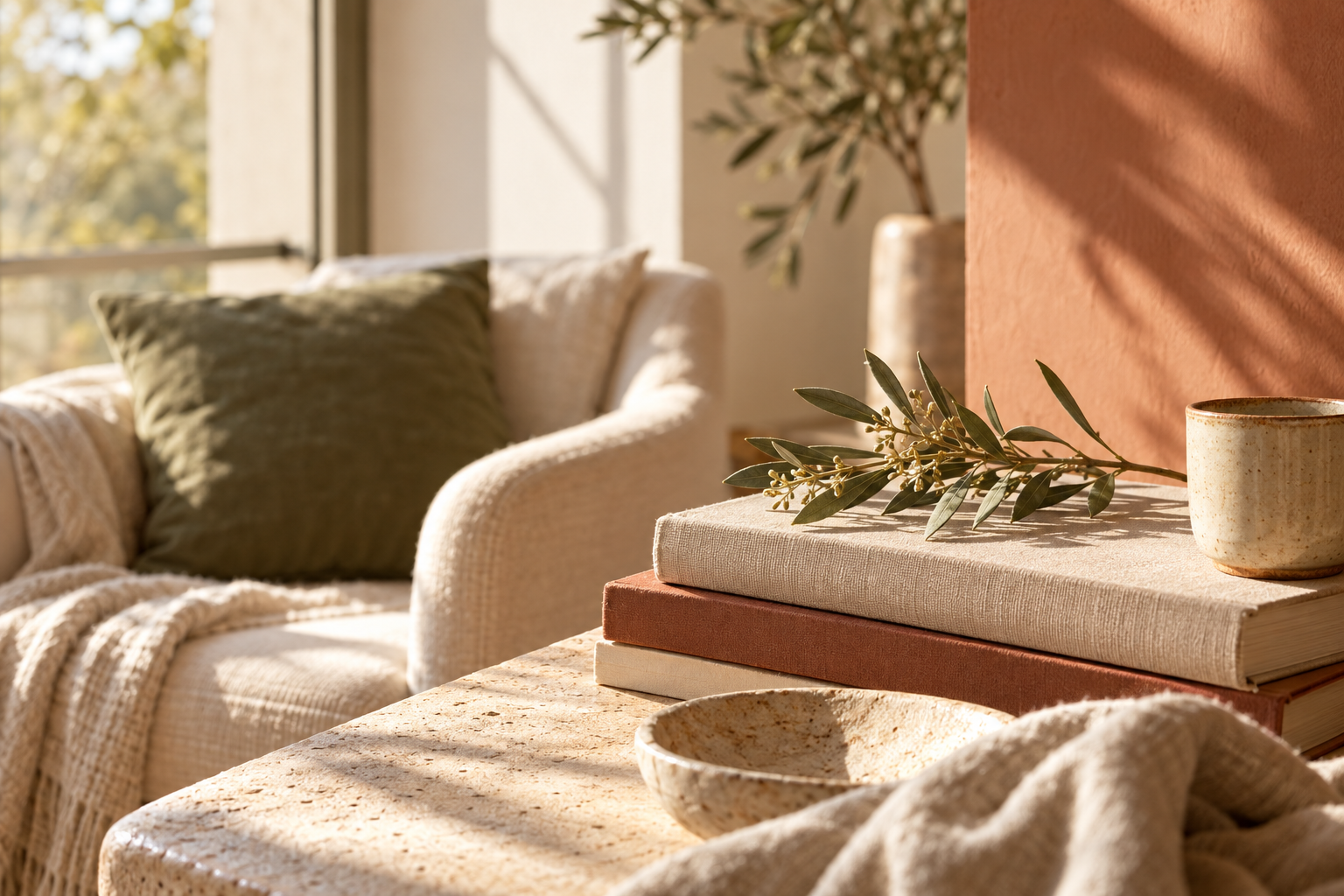 Rincón de lectura luminoso con libros, una rama de olivo y un sillón de lino